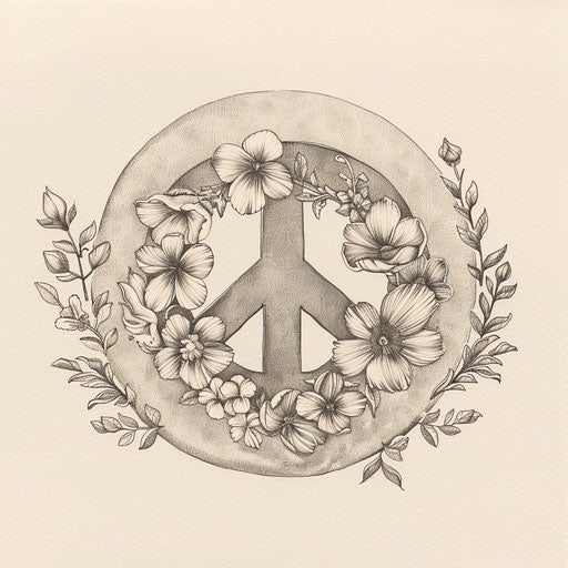 Stylish peace tattoo sketch surrounded by minimalist floral designs in soft hues