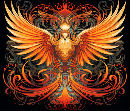 Flaming orange bird, art nouveau, organic lines