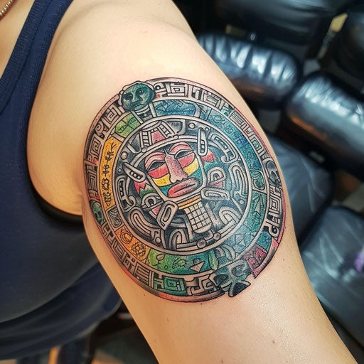 Cosmic Mayan calendar tattoo with celestial bodies