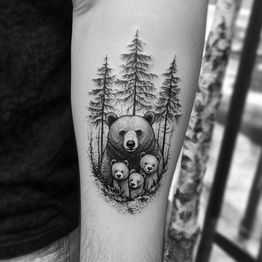Family tattoos for men, a bear protecting its cubs in a forest