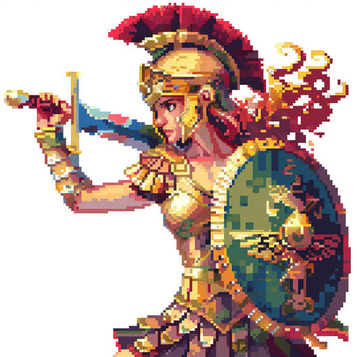 Athena in armor, pixel art tattoo design, colorful and blocky on plain white background
