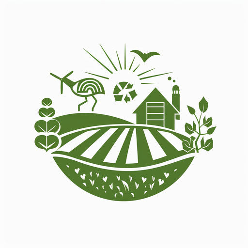 Sustainable farm logo with eco-friendly icons on white background