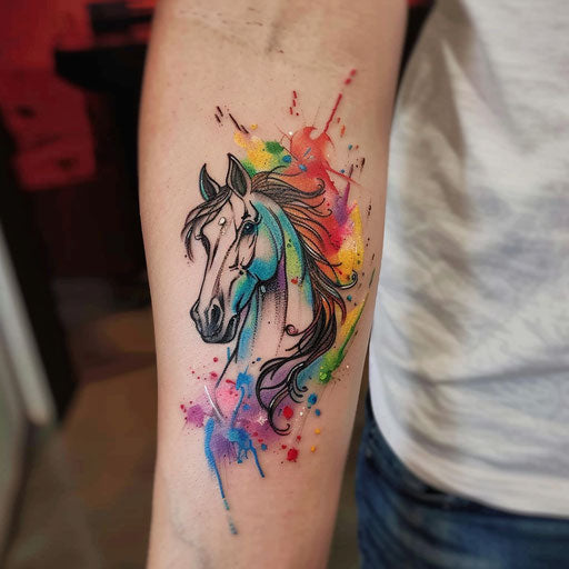 Vibrant flat tattoo sketch of a dark horse in a splash of colorful watercolor