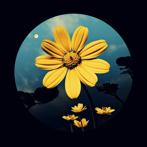 Yellow flower in attractive circle of dark blue and sky