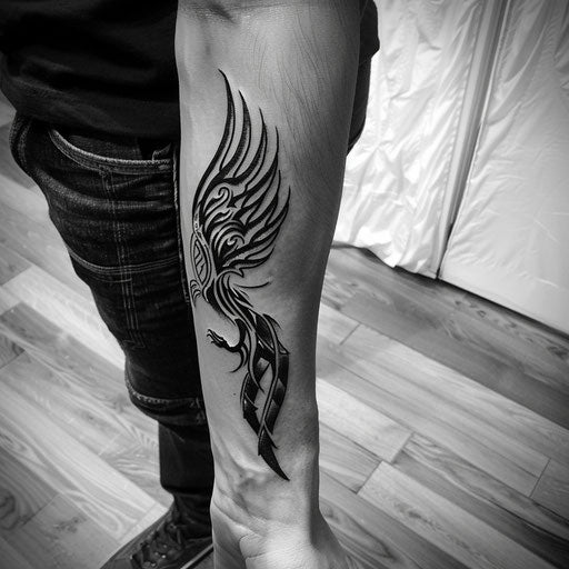 Men's tattoos with a tribal phoenix on the forearm
