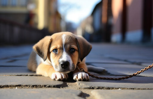 Puppy laying on a sidewalk with a leash