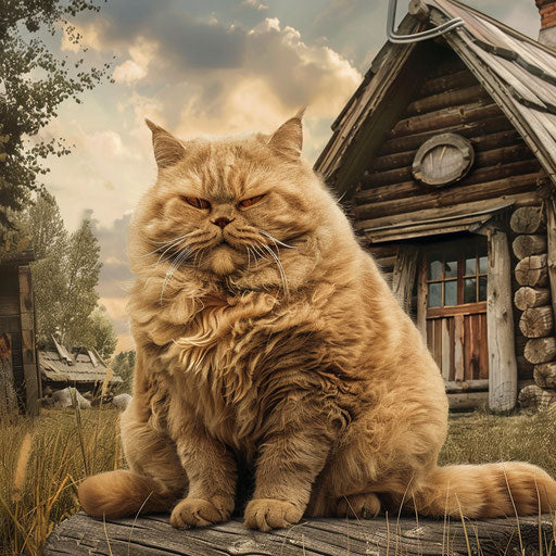 Fatcat in front of a log cabin