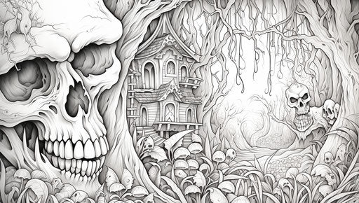 Skeleton in a scary forest coloring pages