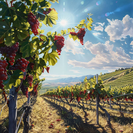 Oregon vineyard with red grapes and blue sky