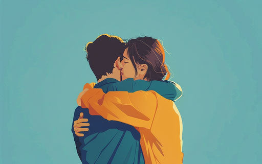 Warm hug in emoji style, light brown and dark blue tones