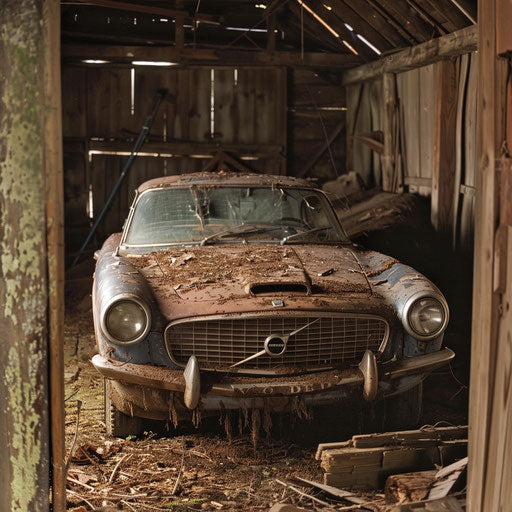 Rustic discovery: a dusty 1966 Volvo P1800 with patina, hidden for decades, now found.
