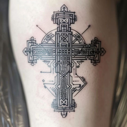 Futuristic Celtic cross with digital designs on white background