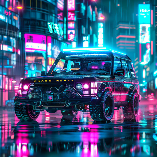 Cyberpunk SUV with neon lights in futuristic city