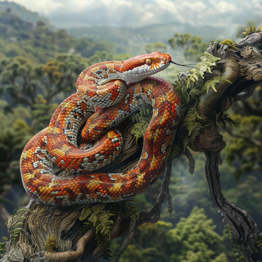 Corn snake curled up on a tree branch with a scenic background