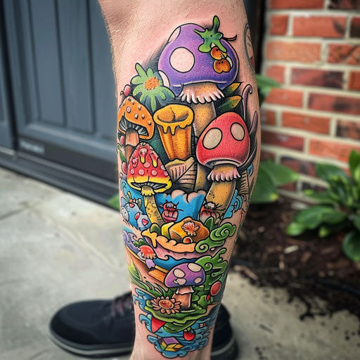 Calf tattoo with whimsical themes