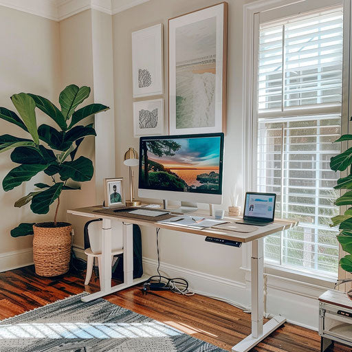 Bright home office with standing desk, large monitor, and motivational artwork