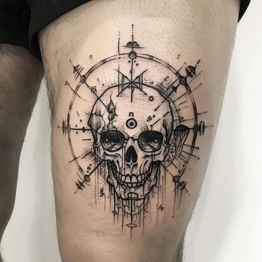 Occult skull tattoo with pentagrams and runes