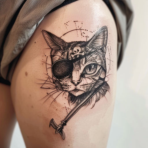 Tattooed pirate cat with eyepatch and tiny cutlass