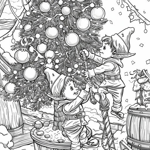 Adorable Christmas elves decorating tree like coloring book page