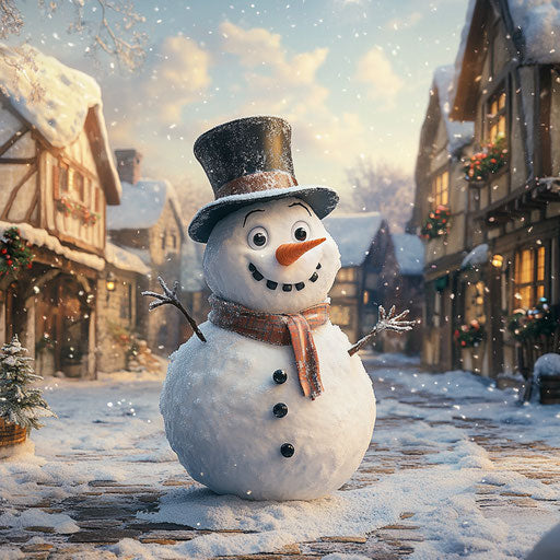 Mischievous snowman in a quaint village square