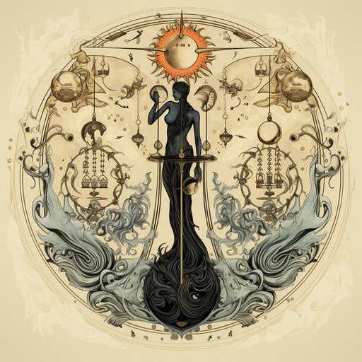 Graceful balance, cosmic symbols in jester style, witchy academia