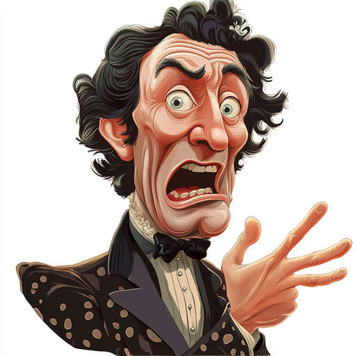 Humorous caricature of a Charles Sumner clipart with human characteristics, exaggerated prominent chin, hands with fingers, polka-dotted, vibrant colors, cartoon style, surprised