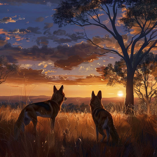 Dingoes in Australian outback at sunset