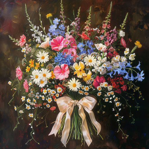 Wildflower bouquet with ribbon, colorful petals, elegant bow, traditional style