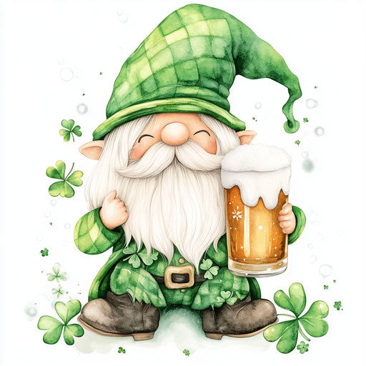 St. Patrick's Day, Cute Gnome with Green Hat and Shamrocks, Holding Beer Mug Clipart Sublimation Design on White Background