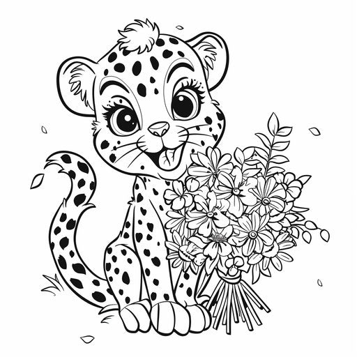 A whimsical cheetah holding a bouquet of flowers, charming
