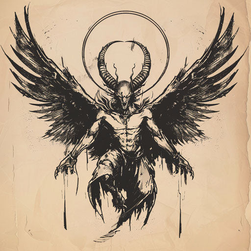 Energetic flat tattoo sketch of Lucifer with wings spread wide and eyes aglow
