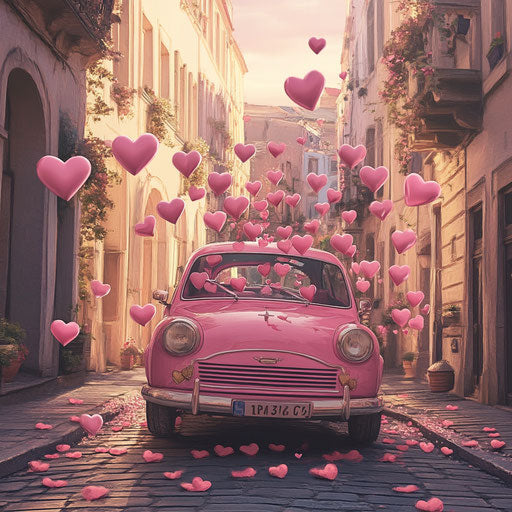 Pink car with heart balloons in romantic urban street