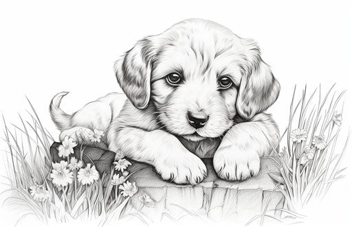 Puppy coloring pages, detailed illustrations, sterling silver highlights