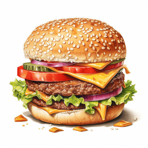 Hamburger clipart in the style of oil painting, on white background