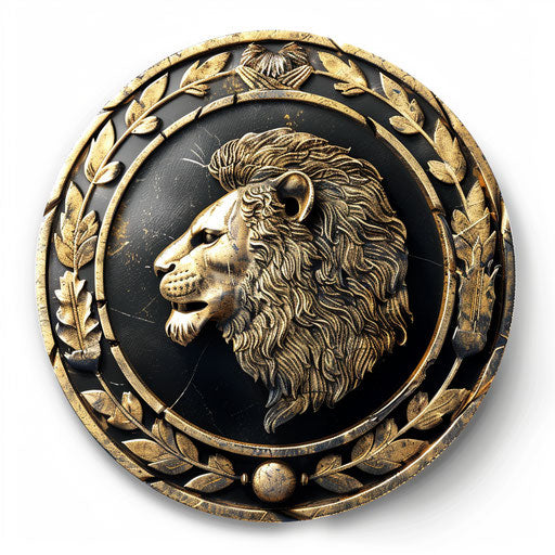 Spartan shield with lion head in gold on white background