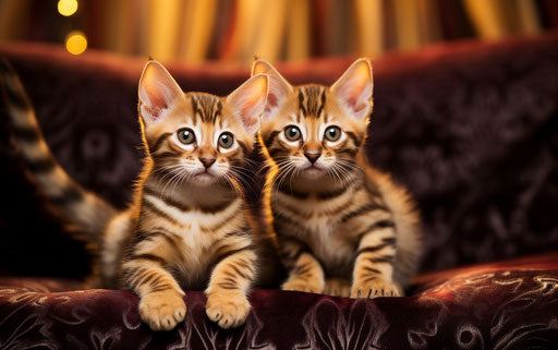 Two Bengal kittens sitting on a couch, light maroon and dark gold style