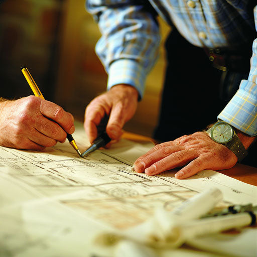 Architect and engineer collaboration on blueprints design