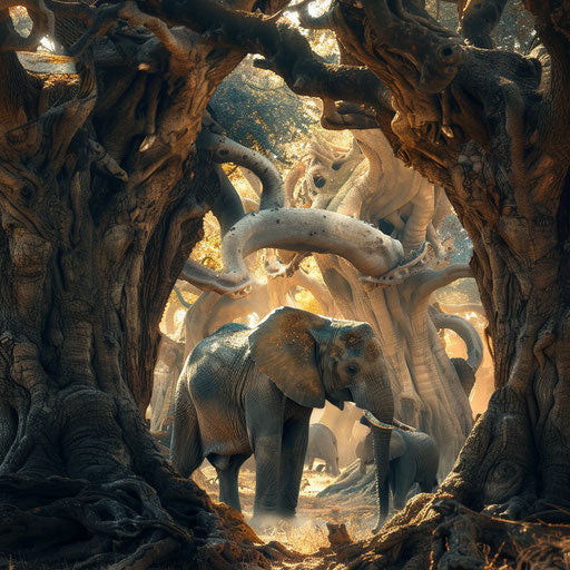 Elephant calf exploring the world under the watchful eyes of its herd, surrounded by ancient towering trees.