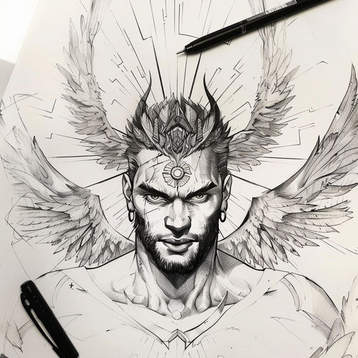 Dynamic flat tattoo sketch of Lucifer with wings spread wide and glowing eyes