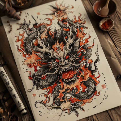 Exotic flat tattoo sketch of hell adorned with mythical Eastern creatures and fiery motifs