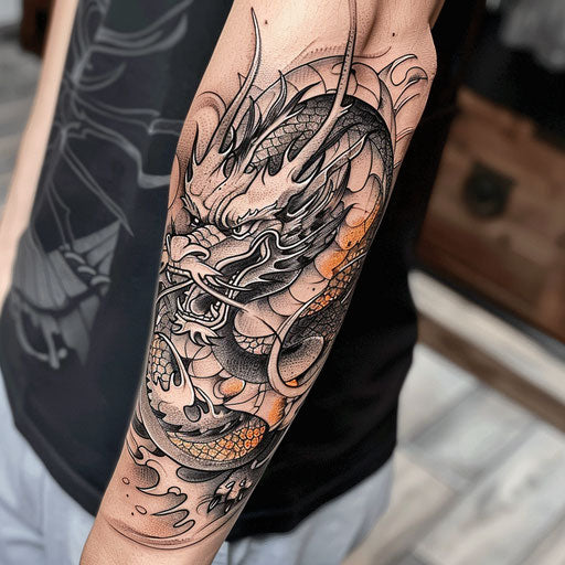Forearm tattoo with a dragon, in the style of Ami James