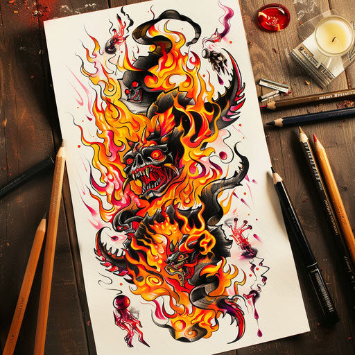 Vibrant and colorful flat tattoo sketch of a fiery hell