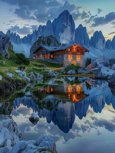 Scenic photo of Dolomites mountains, Italy, beautiful house 3:4