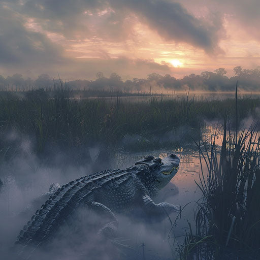 Alligator emerging from misty swamp at dawn