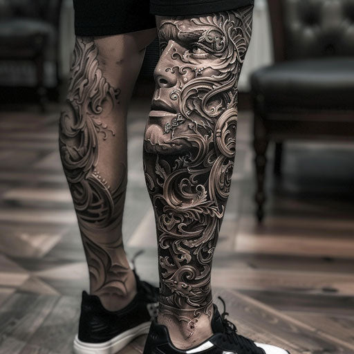Detailed and dark leg tattoo inspired by dark fantasy themes