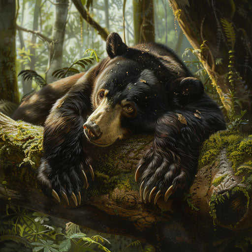 Sun bear resting on moss-covered log