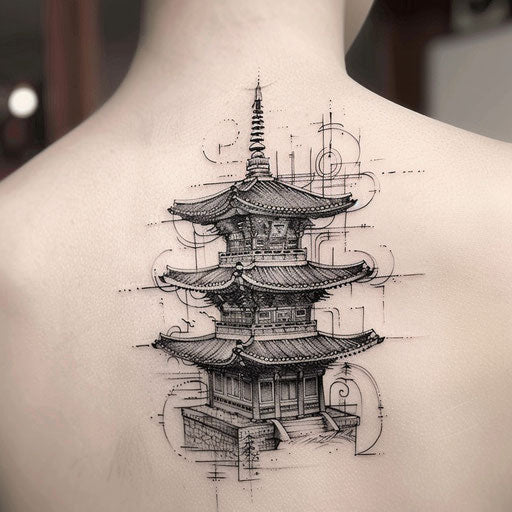 Blackwork tattoo with Korean architectural elements
