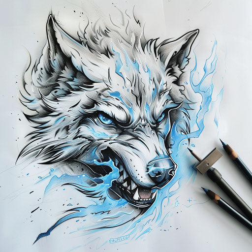 Edgy tattoo sketch of venomous wolf, flat style with stark blacks and icy blues