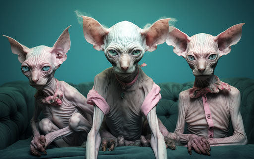 Hairless cats on floor, light purple and dark aquamarine style