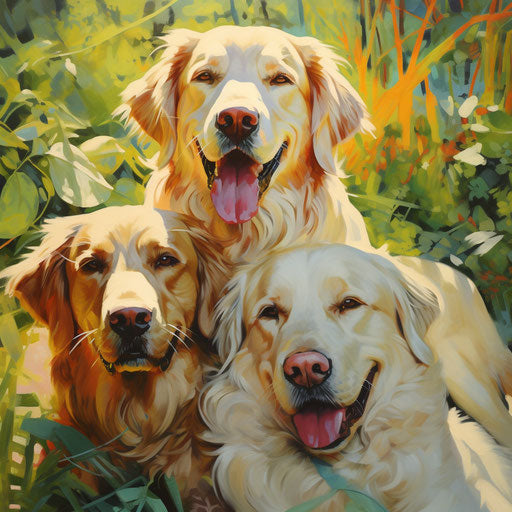 Three dogs resting on shoulder, yellow, green, gold